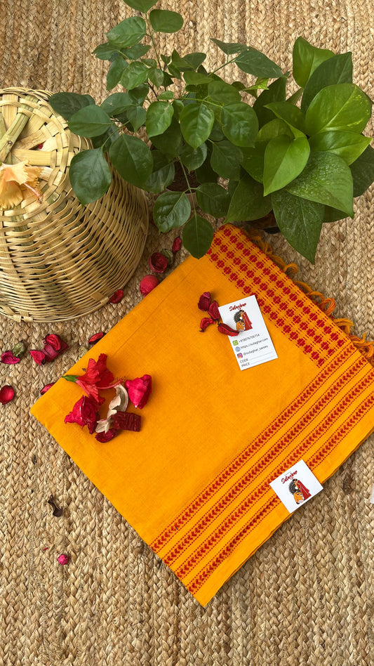 Embroidered Bengal Cotton Handloom Saree - Yellow Red