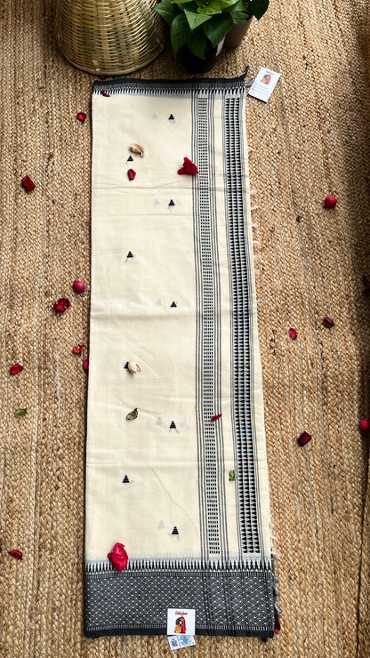 Embroidered Bengal Cotton Handloom Saree - Off White Black