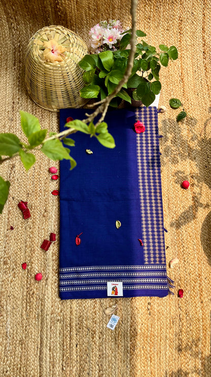 Embroidered Bengal Cotton Handloom Saree - Navy Blue