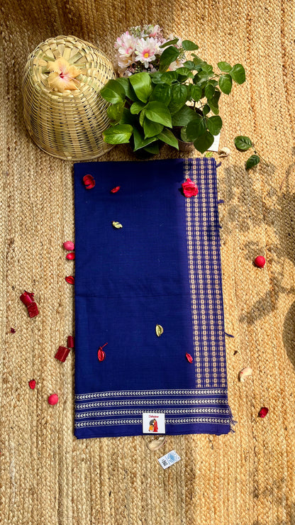 Embroidered Bengal Cotton Handloom Saree - Navy Blue