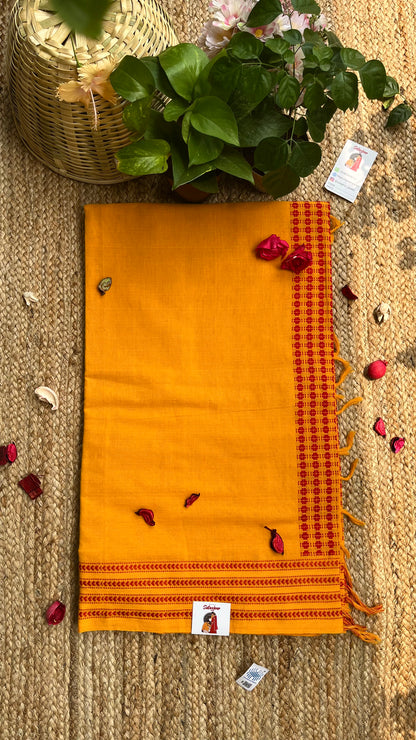 Embroidered Bengal Cotton Handloom Saree - Yellow Red