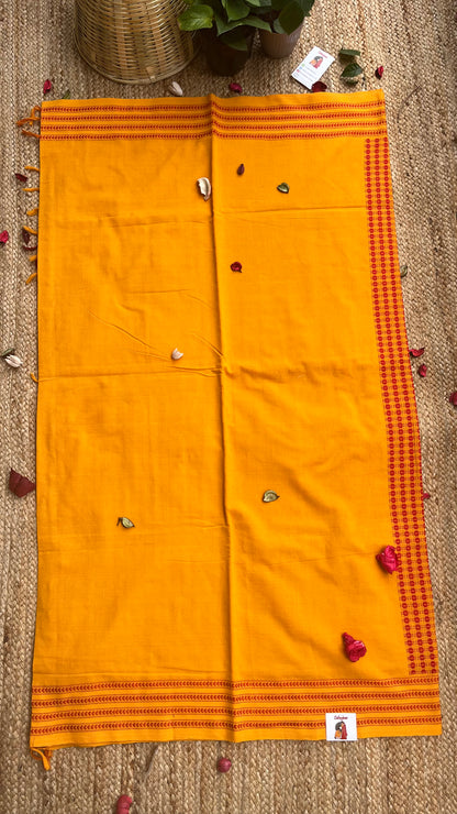 Embroidered Bengal Cotton Handloom Saree - Yellow Red