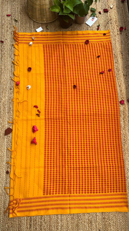 Embroidered Bengal Cotton Handloom Saree - Yellow Red