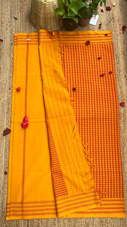 Embroidered Bengal Cotton Handloom Saree - Yellow Red