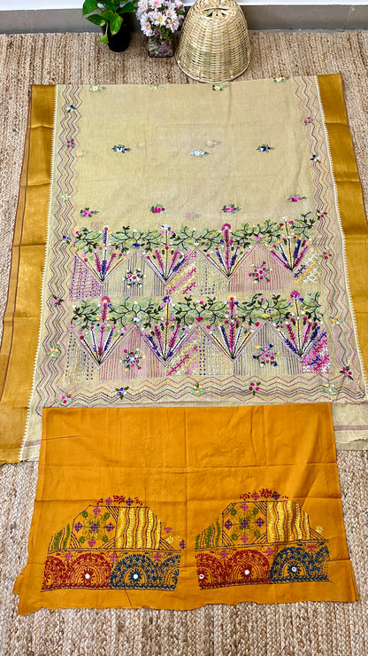 Kantha Hand-Embroidered Beige and Yellow Saree