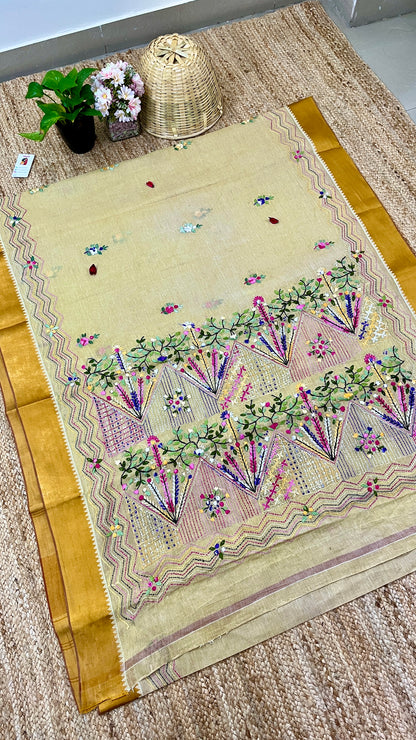 Kantha Hand-Embroidered Beige and Yellow Saree