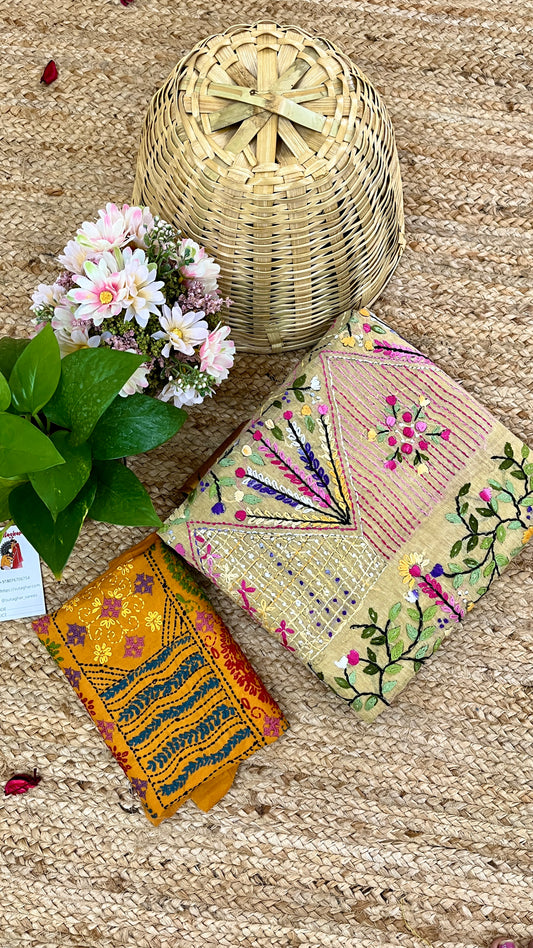 Kantha Hand-Embroidered Beige and Yellow Saree