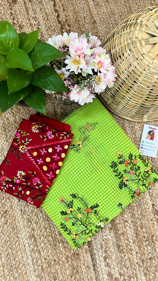 Kantha Hand-Embroidered Green and Red Saree