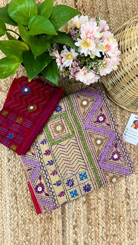 Kantha Hand-Embroidered Beige and Red Saree