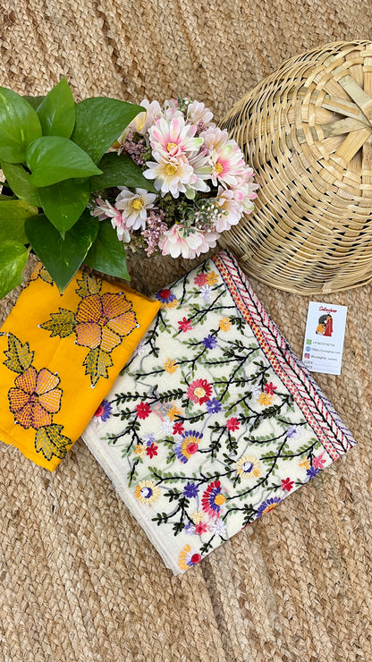 Kantha Hand-Embroidered White and Green Saree