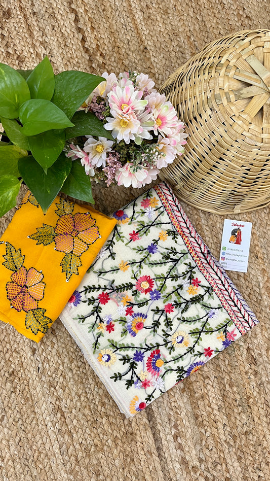 Kantha Hand-Embroidered White and Green Saree