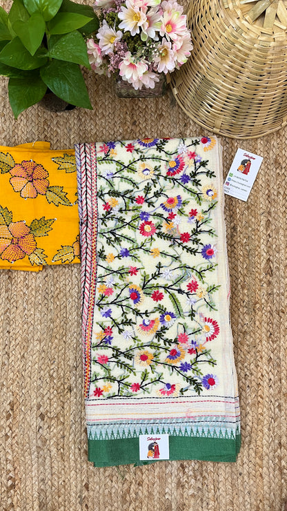 Kantha Hand-Embroidered White and Green Saree