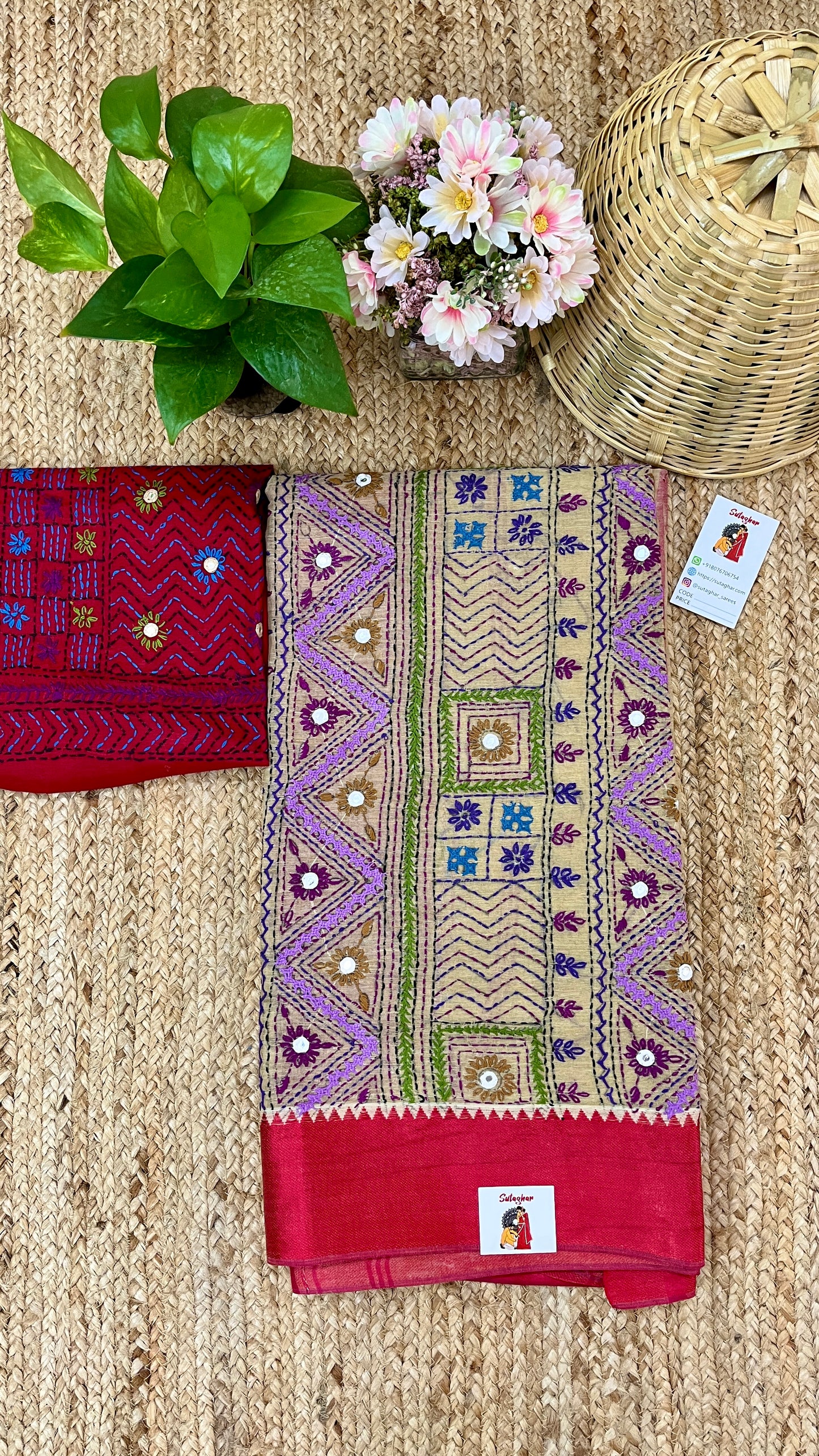 Kantha Hand-Embroidered Beige and Red Saree
