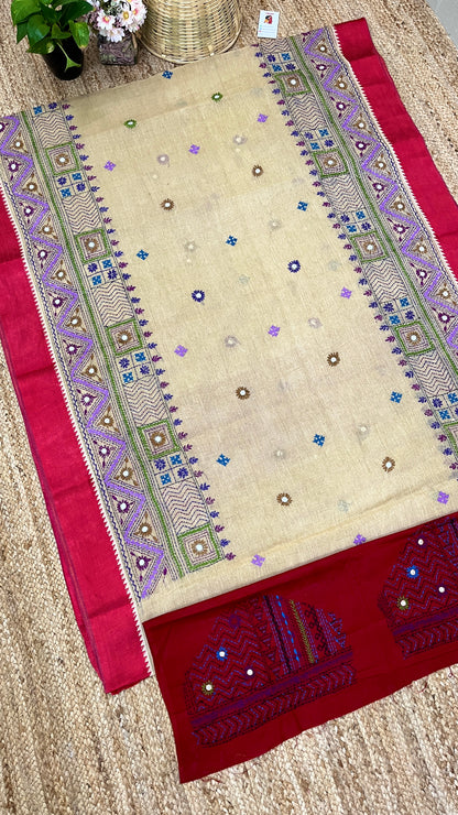 Kantha Hand-Embroidered Beige and Red Saree