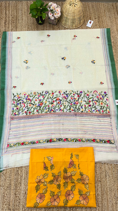 Kantha Hand-Embroidered White and Green Saree