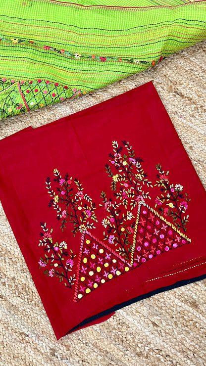 Kantha Hand-Embroidered Green and Red Saree