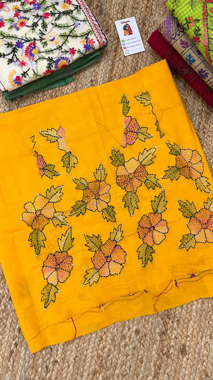 Kantha Hand-Embroidered White and Green Saree