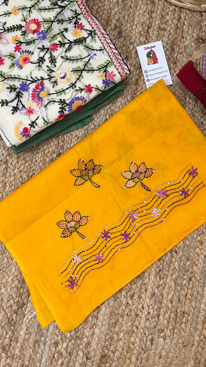 Kantha Hand-Embroidered White and Green Saree