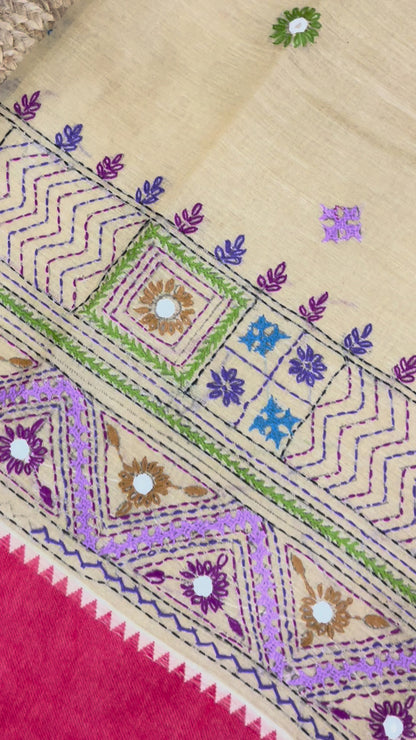 Kantha Hand-Embroidered Beige and Red Saree