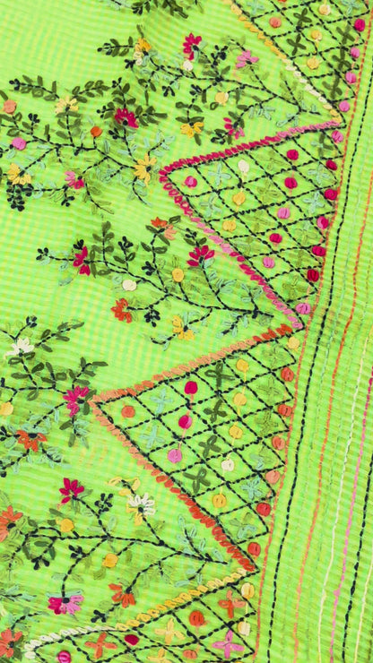 Kantha Hand-Embroidered Green and Red Saree