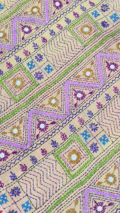Kantha Hand-Embroidered Beige and Red Saree