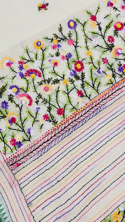 Kantha Hand-Embroidered White and Green Saree